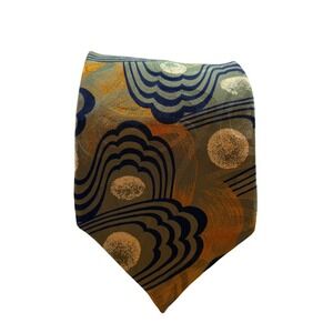 Wembley Mens Pure Silk Tie Green Blue Gold Abstract Geometric Scallop USA Made